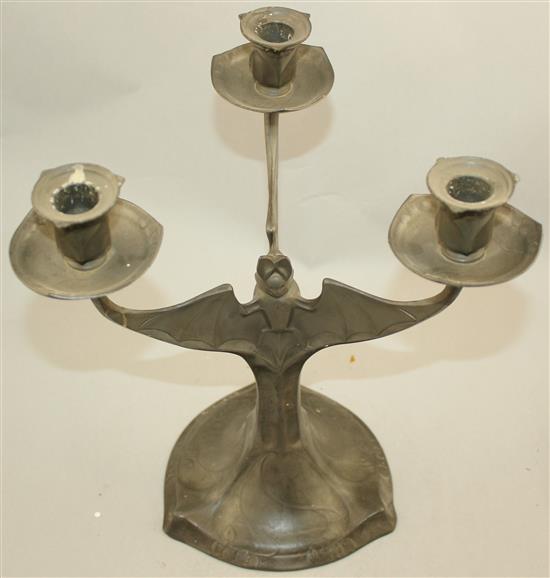 Hugo Levin. A Kayserzinn pewter three branch bat candelabrum, 12.5in.